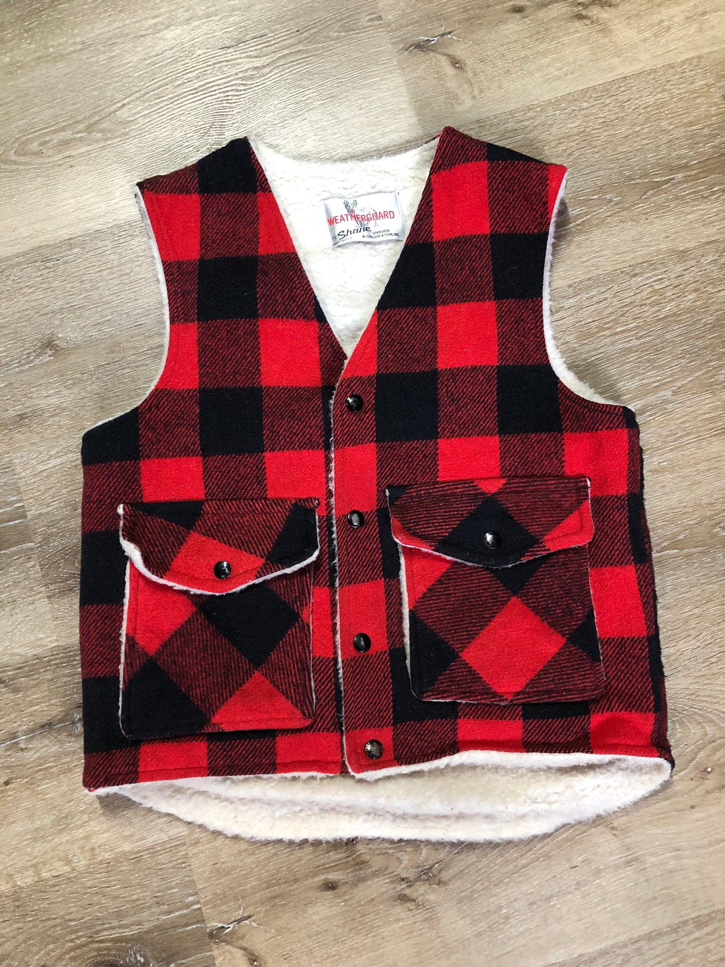 Kingspier Vintage - Shane “Weatherguard” red and black plaid wool vest with snap closures and flap pockets. Made in the USA.