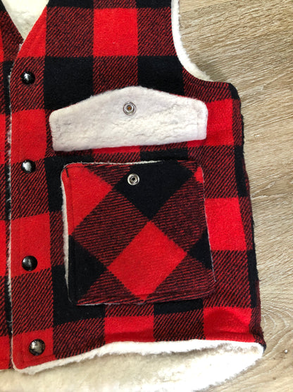 Kingspier Vintage - Shane “Weatherguard” red and black plaid wool vest with snap closures and flap pockets. Made in the USA.