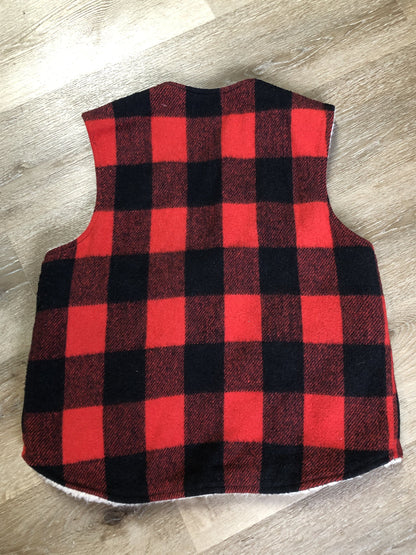 Kingspier Vintage - Shane “Weatherguard” red and black plaid wool vest with snap closures and flap pockets. Made in the USA.