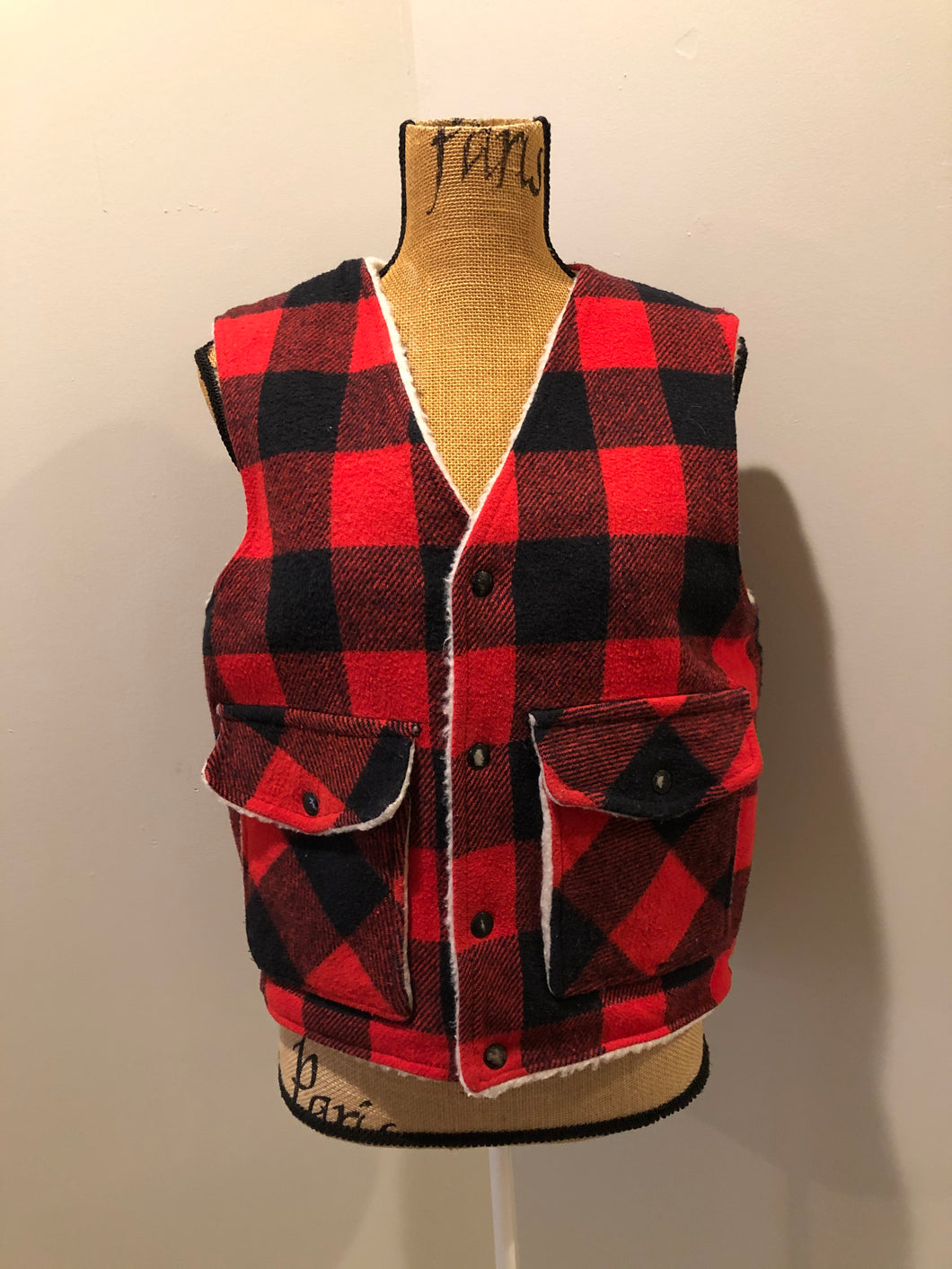 Kingspier Vintage - Shane “Weatherguard” red and black plaid wool vest with snap closures and flap pockets. Made in the USA.