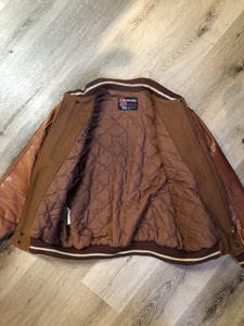 Kingspier Vintage - Rumors and Gossyp brown wool blend varsity style jacket with very soft leather sleeves, snap closures, vertical pockets, knit trim and quilted lining. Made in Canada. Size small.