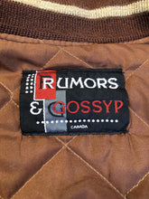 Load image into Gallery viewer, Kingspier Vintage - Rumors and Gossyp brown wool blend varsity style jacket with very soft leather sleeves, snap closures, vertical pockets, knit trim and quilted lining. Made in Canada. Size small.
