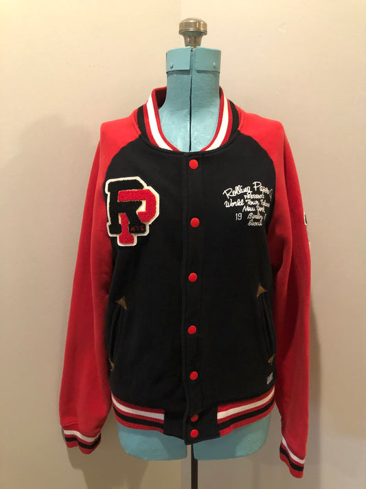 Kingspier Vintage - Vintage 1980’s Rolling Paper Co. varsity style jacket with snap closures and slash pockets. Cotton/ polyester blend. Size medium.