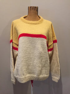 Kingspier Vintage - Hand knit cream, yellow and red sweater. Fibres unknown. Size medium. 