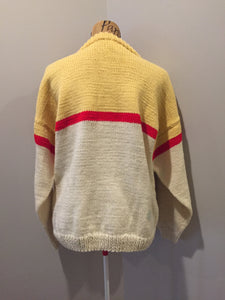 Kingspier Vintage - Hand knit cream, yellow and red sweater. Fibres unknown. Size medium. 