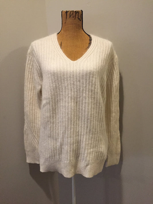 Kingspier Vintage - All Saints mohair blend ribbed knit v-neck sweater in cream. Size XS.