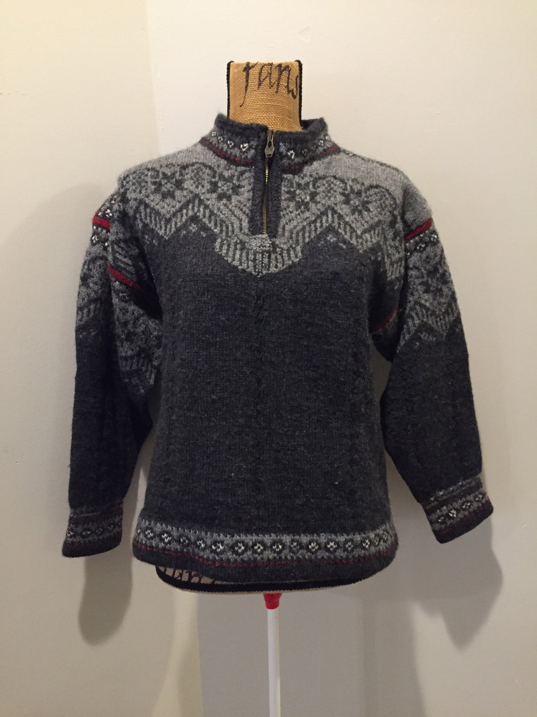 Kingspier Vintage - Handmade grey, red and white wool Norwegian style quarter zip sweater. 