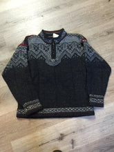 Load image into Gallery viewer, Kingspier Vintage - Handmade grey, red and white wool Norwegian style quarter zip sweater. 

