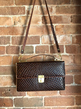 Load image into Gallery viewer, Kingspier Vintage - Dark brown reptile handbag with top handle, brass hardware, push button front clasp, detachable shoulder strap, inside pockets and leather lining.
