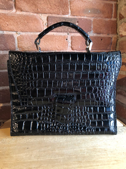 Kingspier Vintage - Remo black shiny reptile handbag with top handle, magnetic front closure, suede lining with inside divider pocket and change pocket.