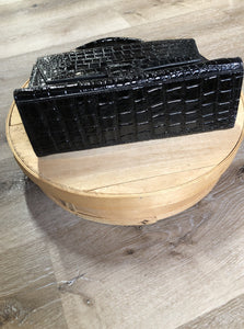 Kingspier Vintage - Remo black shiny reptile handbag with top handle, magnetic front closure, suede lining with inside divider pocket and change pocket.