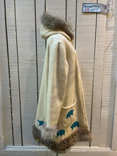 Load image into Gallery viewer, Vintage white 100% wool northern parka, with zipper closure, patch pockets, fur trim and felt applique details.

Indigenous made
Chest 48”
