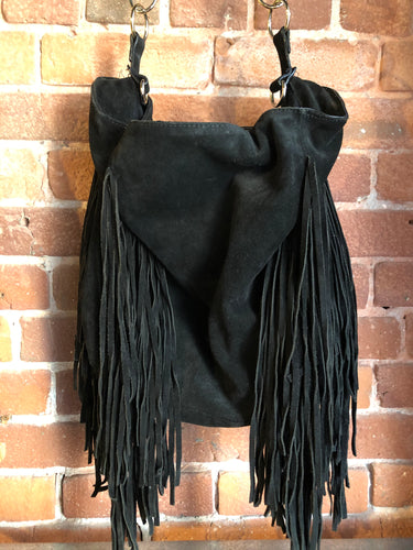 Kingspier Vintage - Zara black suede fringe crossbody bag with magnetic closures and adjustable strap.