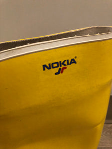Original Nokia yellow and white rubber sailing boots circa 1980’s are handmade in Finland by the same company that makes cell phones. Nokia no longer makes boots.  Size 13M /15W US, 46 EUR