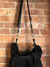 Load image into Gallery viewer, Kingspier Vintage - Zara black suede fringe crossbody bag with magnetic closures and adjustable strap.

