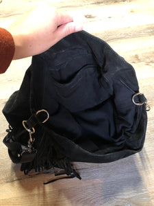 Kingspier Vintage - Zara black suede fringe crossbody bag with magnetic closures and adjustable strap.