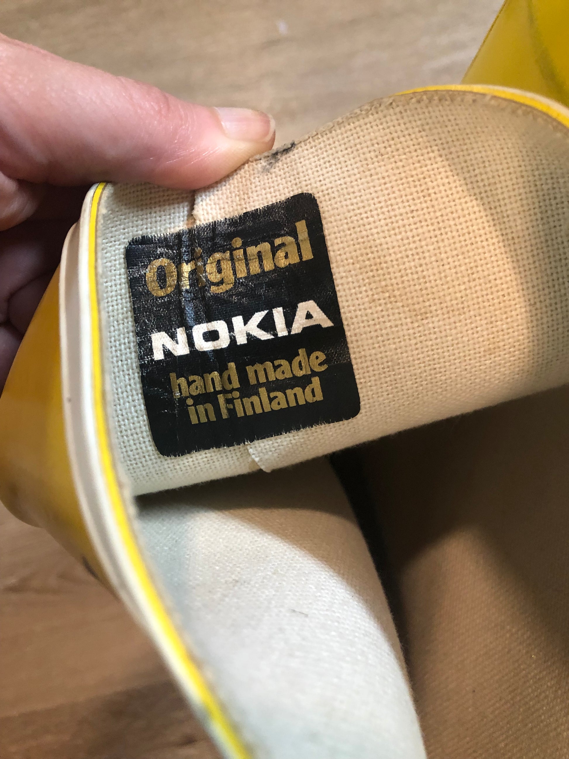 Original Nokia yellow and white rubber sailing boots circa 1980’s are handmade in Finland by the same company that makes cell phones. Nokia no longer makes boots.  Size 13M /15W US, 46 EUR