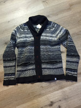Load image into Gallery viewer, Kingspier Vintage - Norse Projects grey, white, blue and black wool sweater with shawl collar. Made in Denmark. Size large. 

