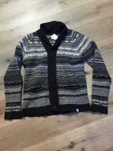 Kingspier Vintage - Norse Projects grey, white, blue and black wool sweater with shawl collar. Made in Denmark. Size large. 