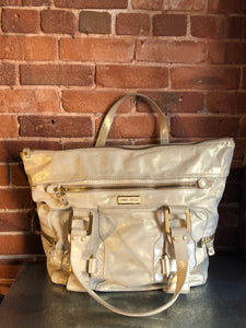 Kingspier Vintage - Authentic Jimmy Choo Melena XL tote in Iridescent white calfskin leather with zip closures, gold hardware and suede lining.