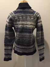 Load image into Gallery viewer, Kingspier Vintage - Norse Projects grey, white, blue and black wool sweater with shawl collar. Made in Denmark. Size large. 
