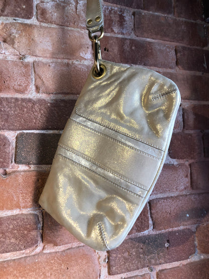 Kingspier Vintage - Authentic Jimmy Choo Mave foldover clutch in Iridescent white calfskin leather with gold hardware, suede lining, magnetic snap and zip closures.