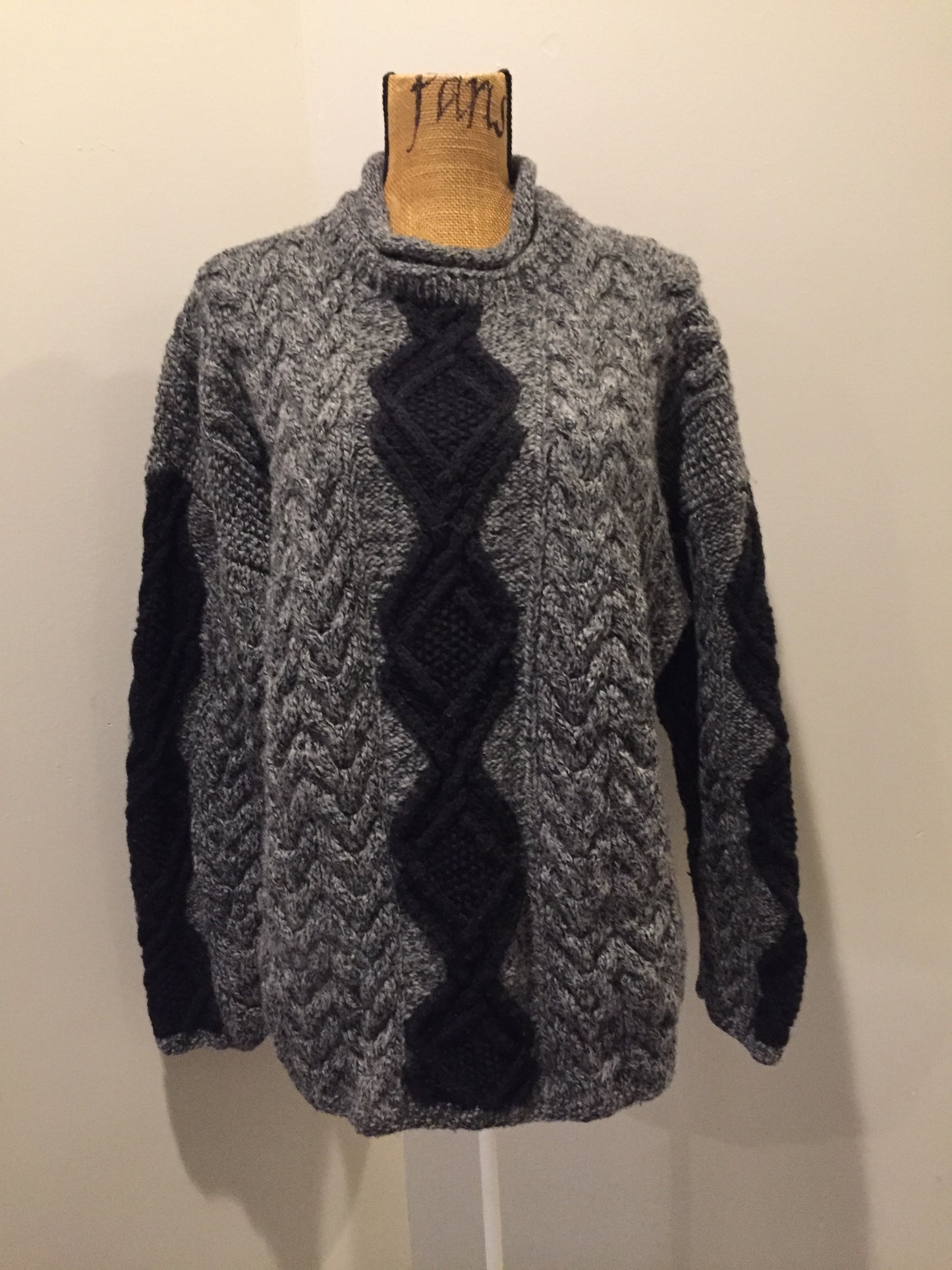 Kingspier Vintage - Hand knit grey and black wool jumper with rolled collar. Size L/XL.