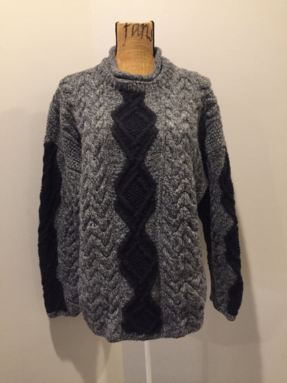 Kingspier Vintage - Hand knit grey and black wool jumper with rolled collar. Size L/XL.