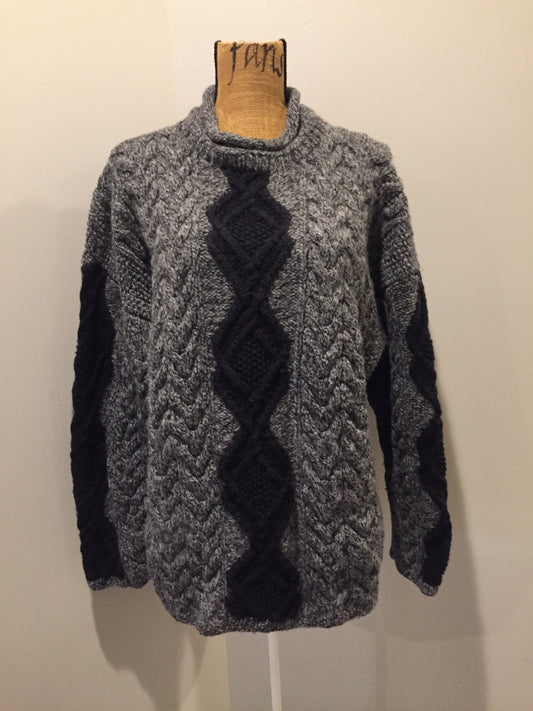 Kingspier Vintage - Hand knit grey and black wool jumper with rolled collar. Size L/XL.