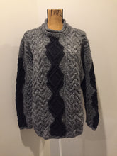 Load image into Gallery viewer, Kingspier Vintage - Hand knit grey and black wool jumper with rolled collar. Size L/XL.

