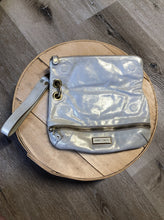 Load image into Gallery viewer, Kingspier Vintage - Authentic Jimmy Choo Mave foldover clutch in Iridescent white calfskin leather with gold hardware, suede lining, magnetic snap and zip closures.
