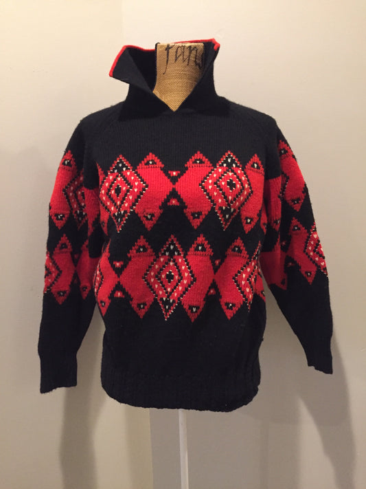 Kingspier Vintage - Vintage V. Oscar black and red wool ski sweater. Made in Italy. Size medium