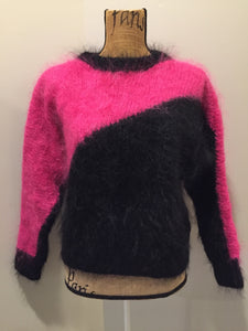 Kingspier Vintage - Hand knit hot pink and black mohair sweater with dolman sleeves. Size medium.