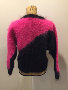 Kingspier Vintage - Hand knit hot pink and black mohair sweater with dolman sleeves. Size medium.