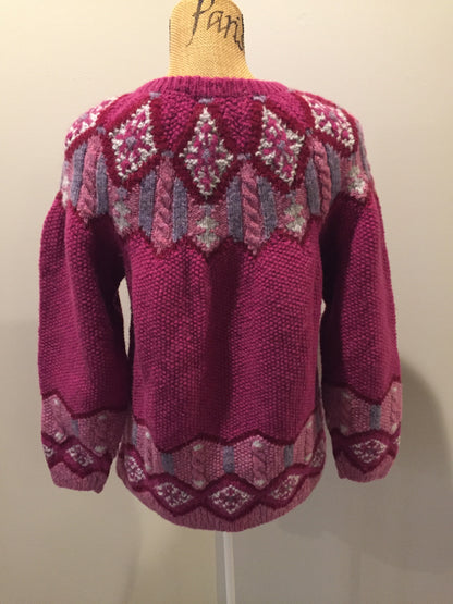 Kingspier Vintage - Ashley Sport hand knit wool Lpoi style sweater in magenta. Size large.