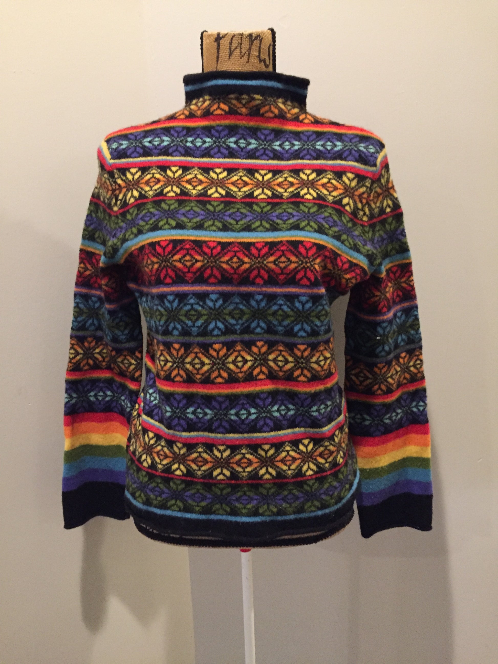 Kingspier Vintage - Vintage wool Nordic style jumper with multi-coloured psychedelic pattern. Size small.