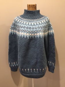 Kingspier Vintage - Hand knit blue lopi style sweater. Unknown fibres. Made in Canada. Size M/L.