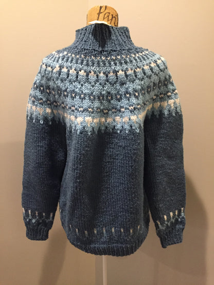 Kingspier Vintage - Hand knit blue lopi style sweater. Unknown fibres. Made in Canada. Size M/L.