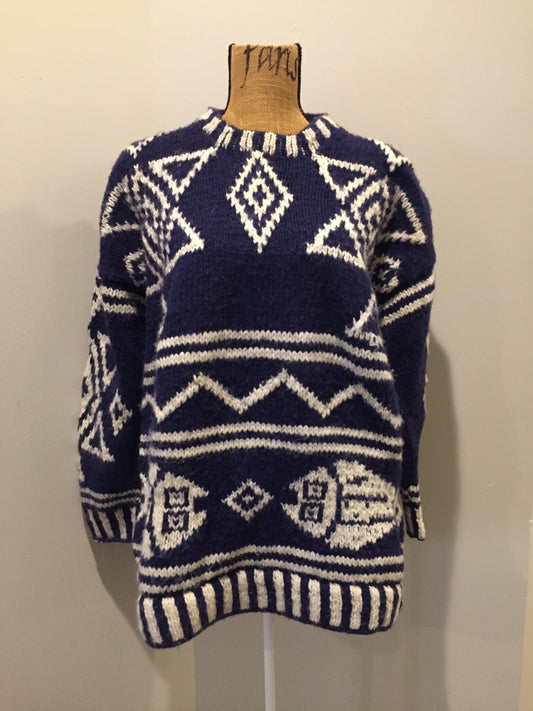 Kingspier Vintage - Amos & Andes Imports South American wool sweater in dark blue and white with fish motif. Size large.