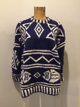 Load image into Gallery viewer, Kingspier Vintage - Amos &amp; Andes Imports South American wool sweater in dark blue and white with fish motif. Size large.
