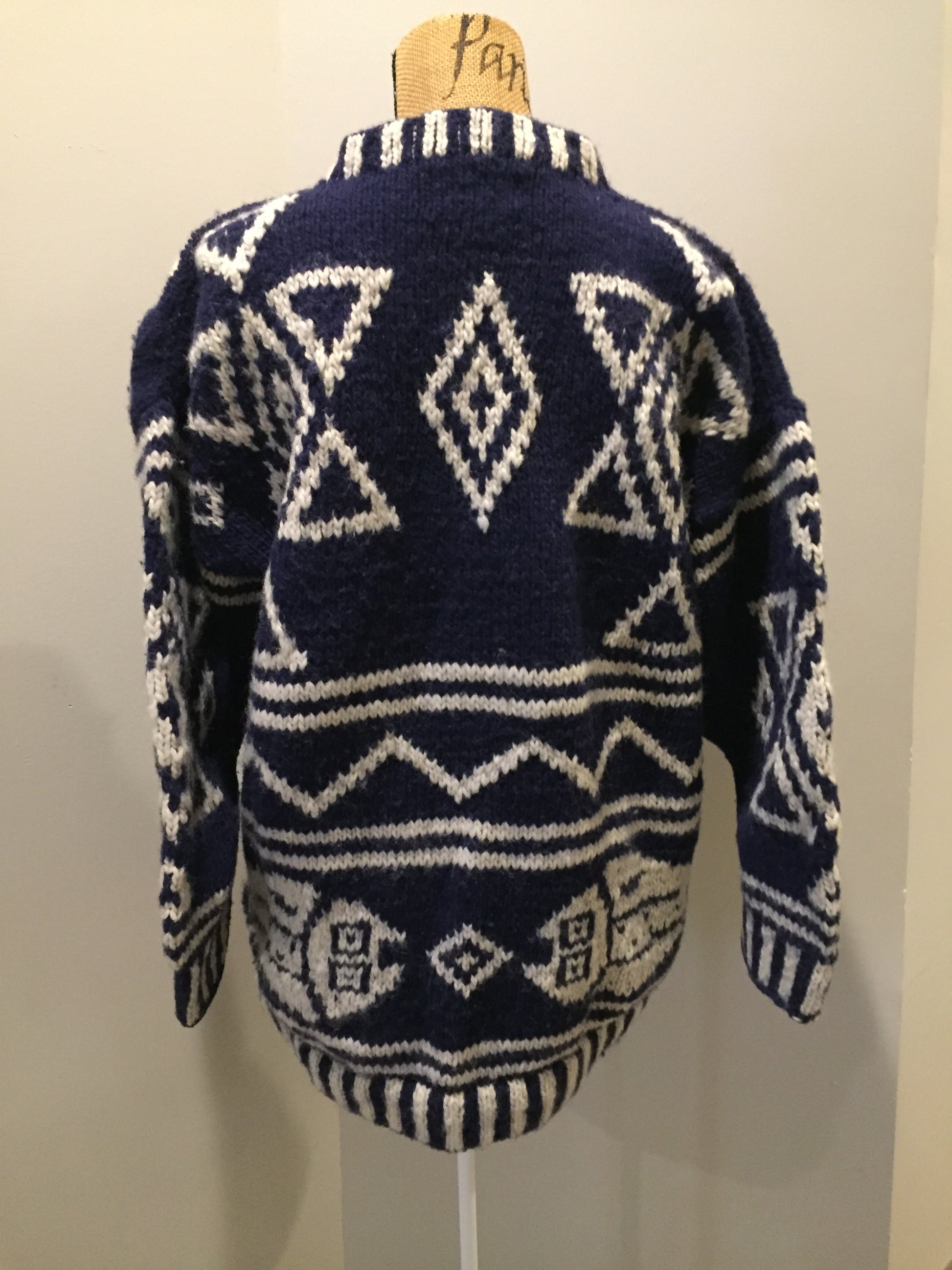 Kingspier Vintage - Amos & Andes Imports South American wool sweater in dark blue and white with fish motif. Size large.