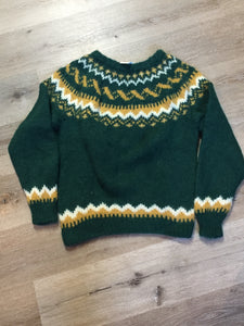 Kingspier Vintage - Hand knit green/cream/gold wool lopi style sweater. Made in Nova Scotia. Size small.