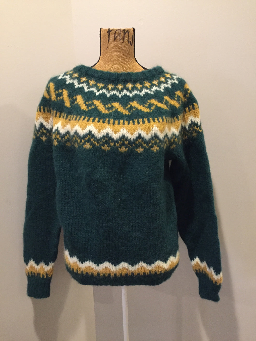 Kingspier Vintage - Hand knit green/cream/gold wool lopi style sweater. Made in Nova Scotia. Size small.