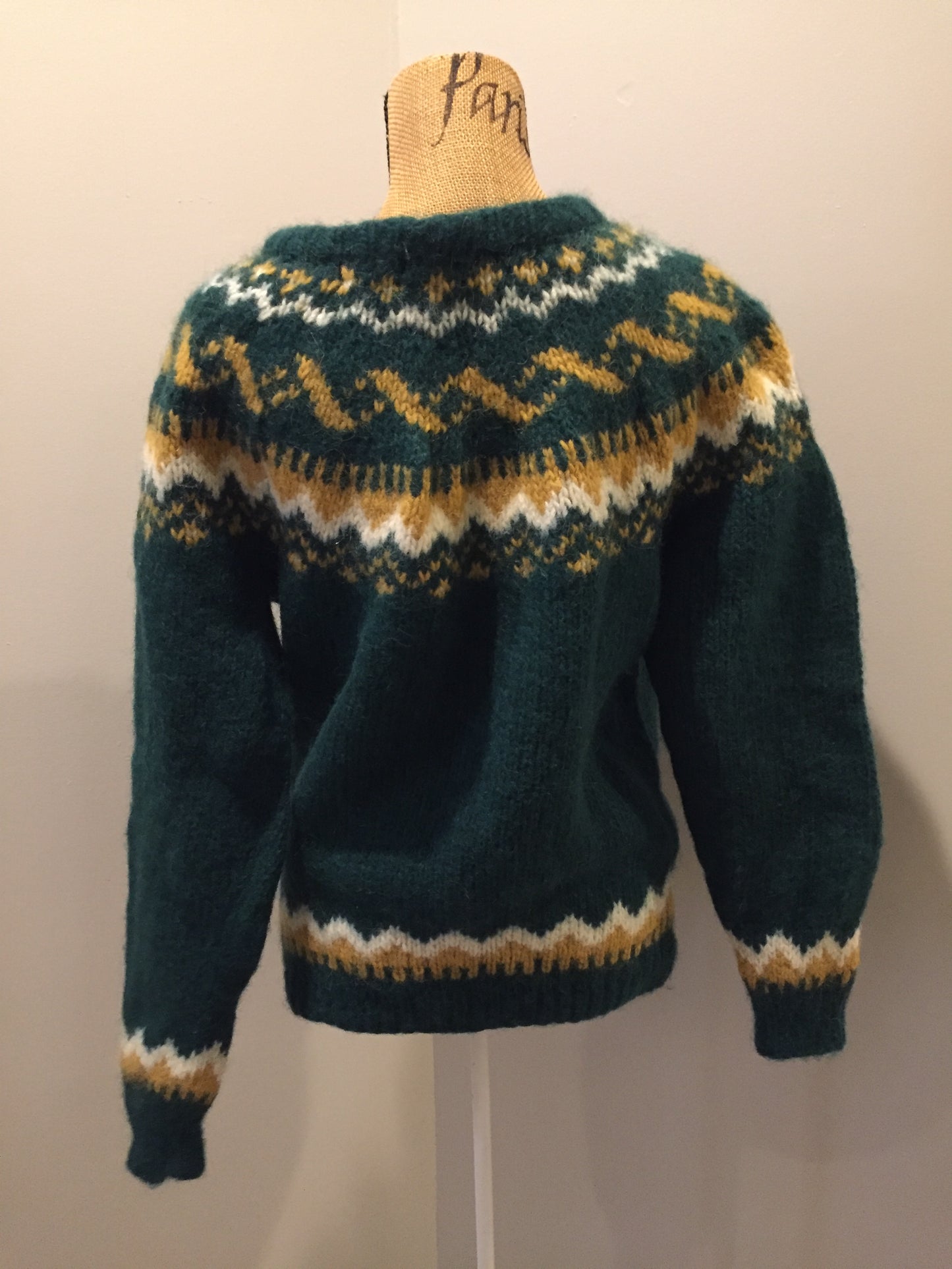 Kingspier Vintage - Hand knit green/cream/gold wool lopi style sweater. Made in Nova Scotia. Size small.