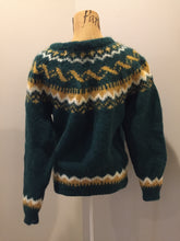 Load image into Gallery viewer, Kingspier Vintage - Hand knit green/cream/gold wool lopi style sweater. Made in Nova Scotia. Size small.
