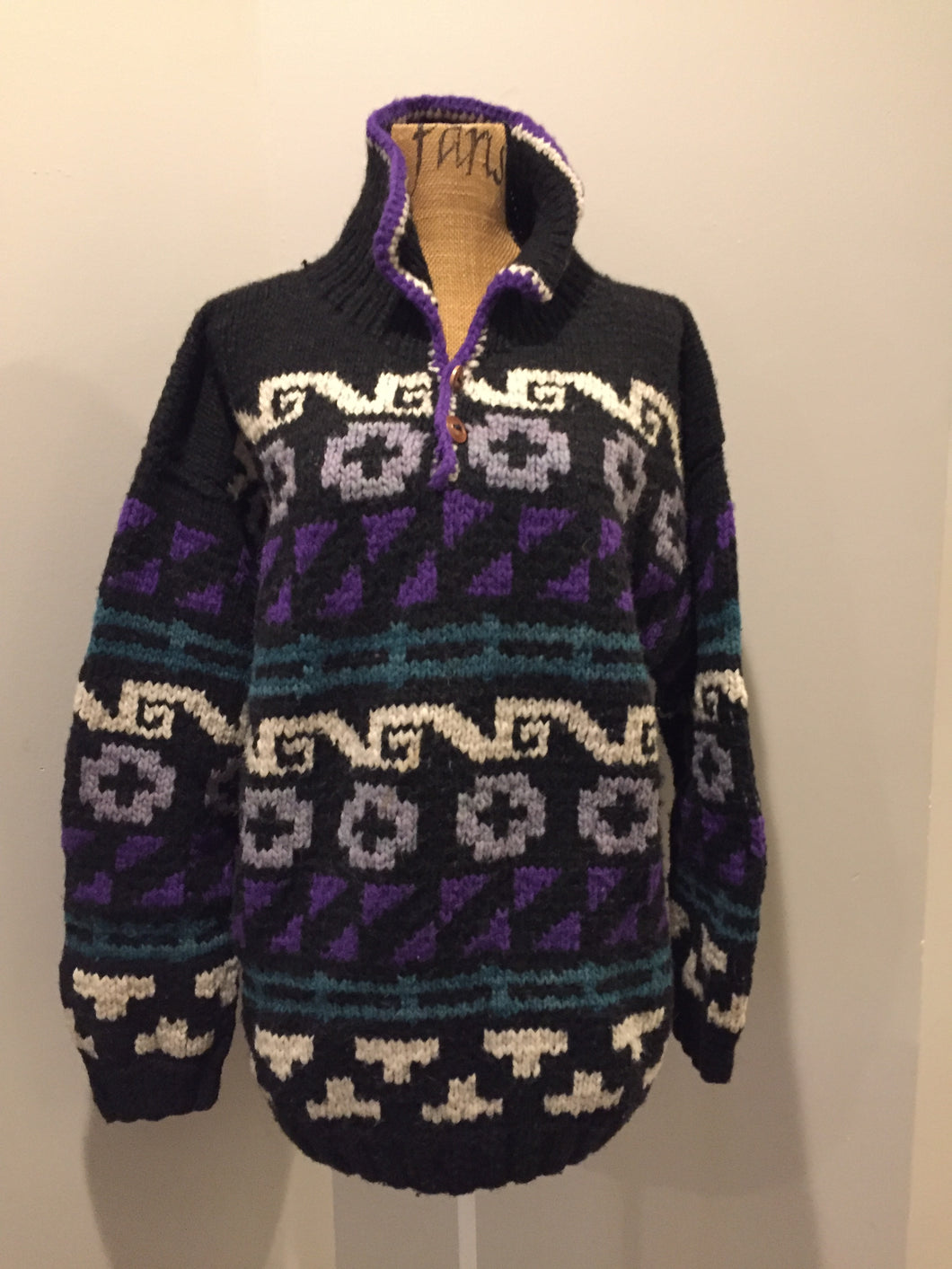 Kingspier Vintage - Amos & Andes Imports quarter button up wool sweater in black, purple, green and cream. Made in Ecuador. Size XL. 