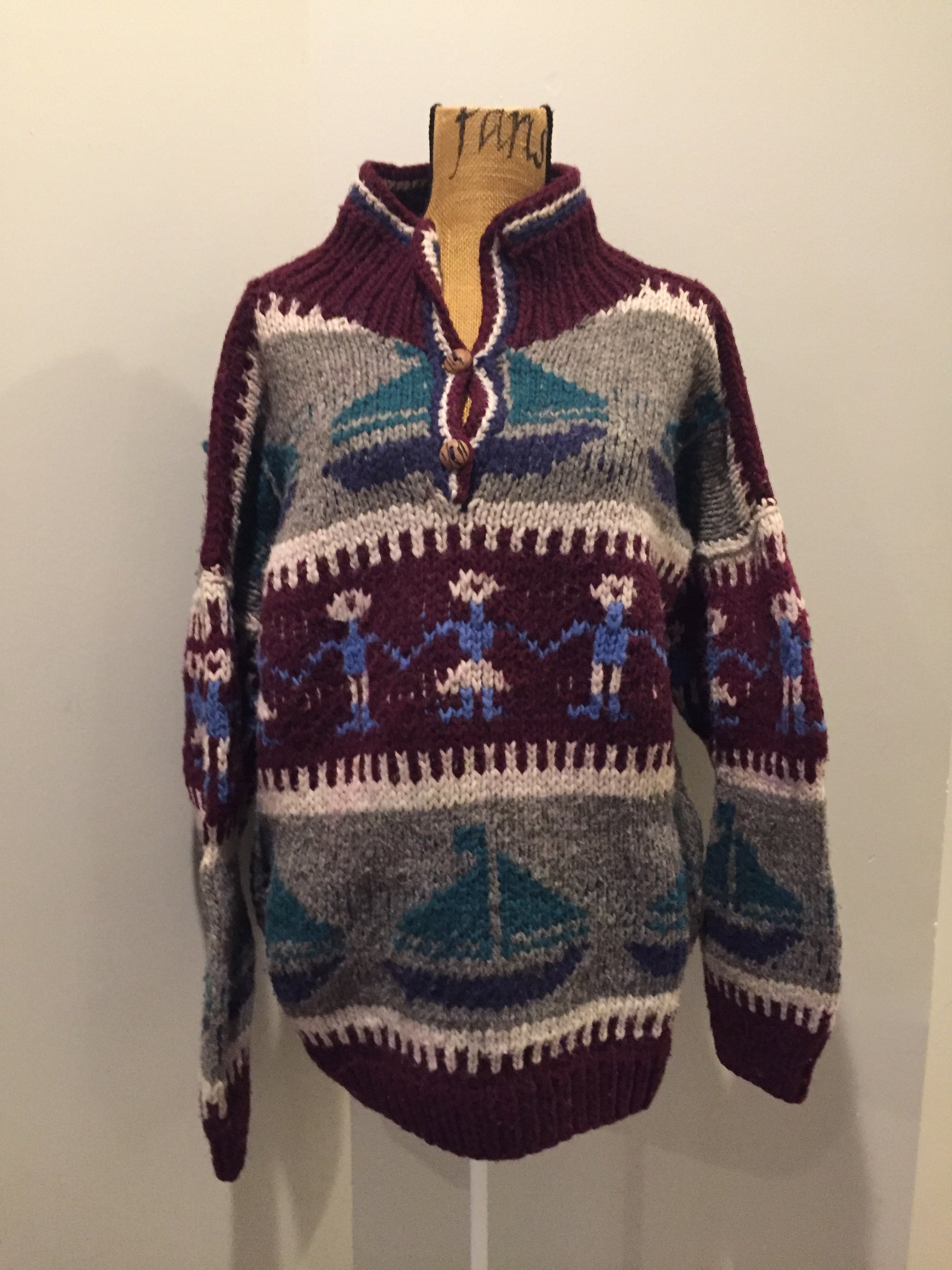 Kingspier Vintage - Amos & Andes Imports multi-coloured quarter button up wool sweater with sailboat motif. Made in Ecuador.