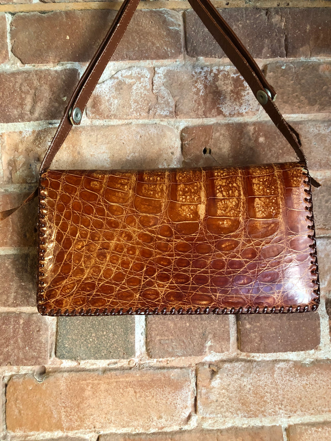Kingspier Vintage - Vintage Tropical Bag Co. Alligator handbag with leather stitching and adjustable strap and inside zip pocket.
