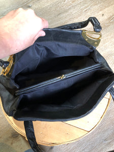Kingspier Vintage - Jane Shilton black leather handbag with top handle, gold hardware and inside change purse compartment.