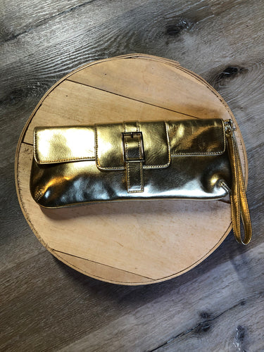 Kingspier Vintage - Danier gold leather flap clutch with magnetic buckle closure, inside zip pocket and wrist strap.